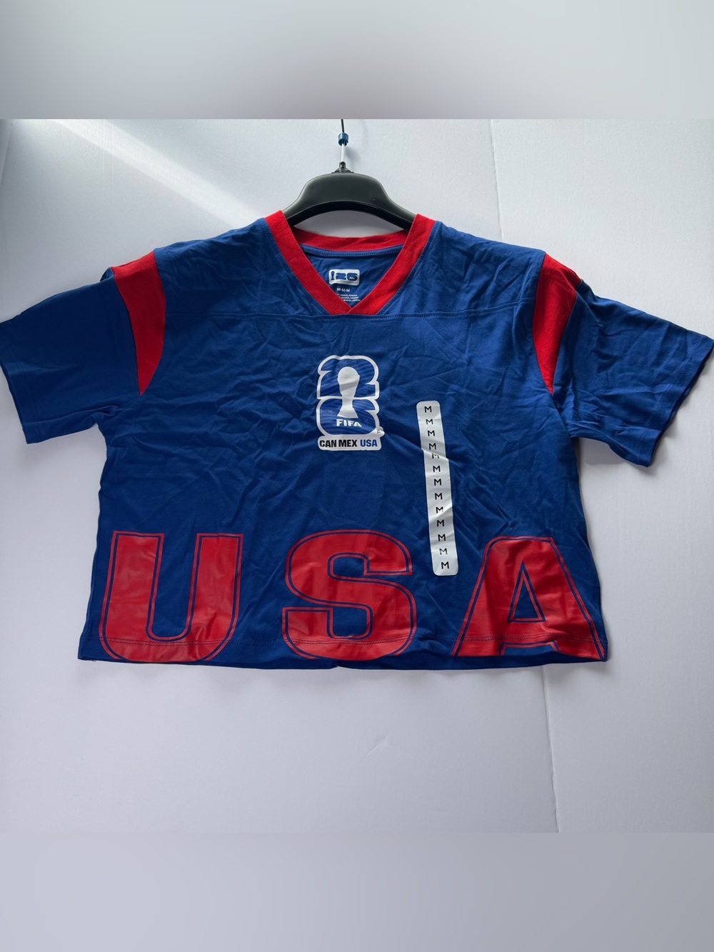 Official FIFA 2026 World Cup Can Mex USA Blue Red Crop Top T-Shirt Size Medium